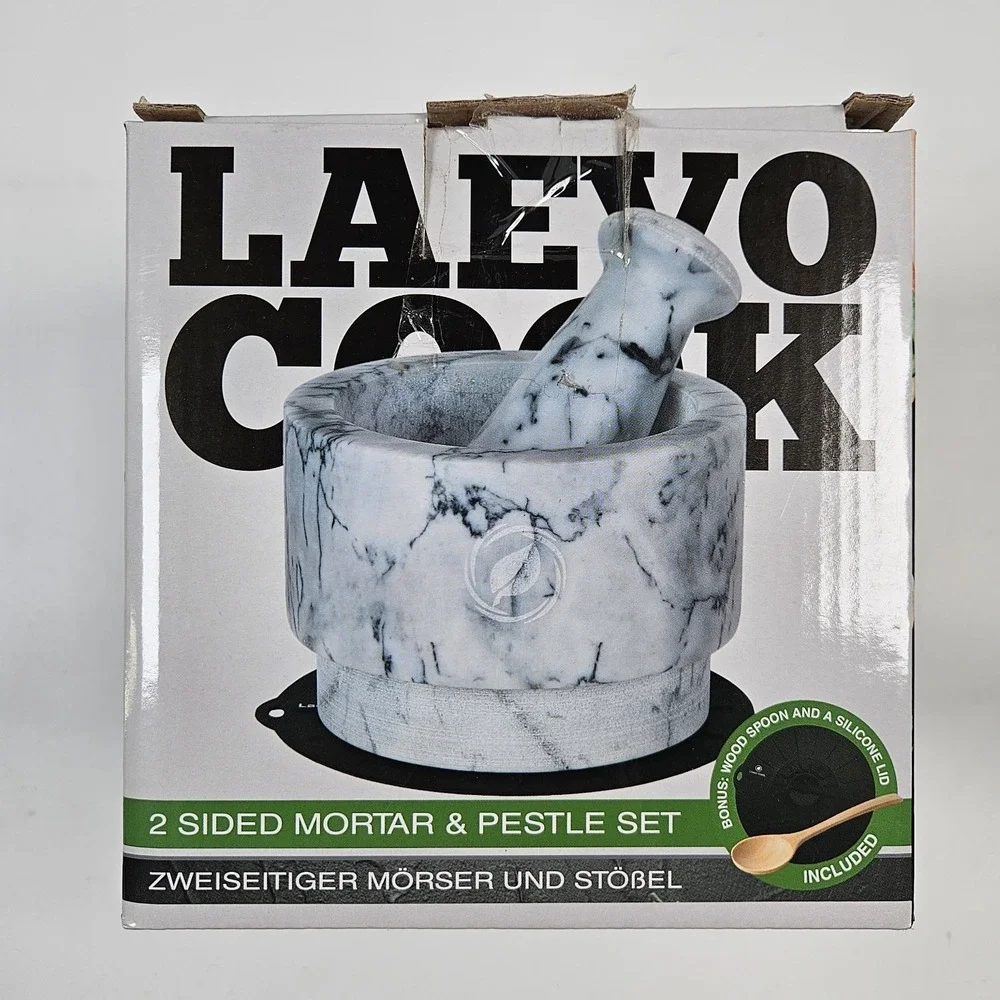 NEW‎ Laevo Cook Mortar Pestle Large White Marble 2 sided Bowl MISSING LID